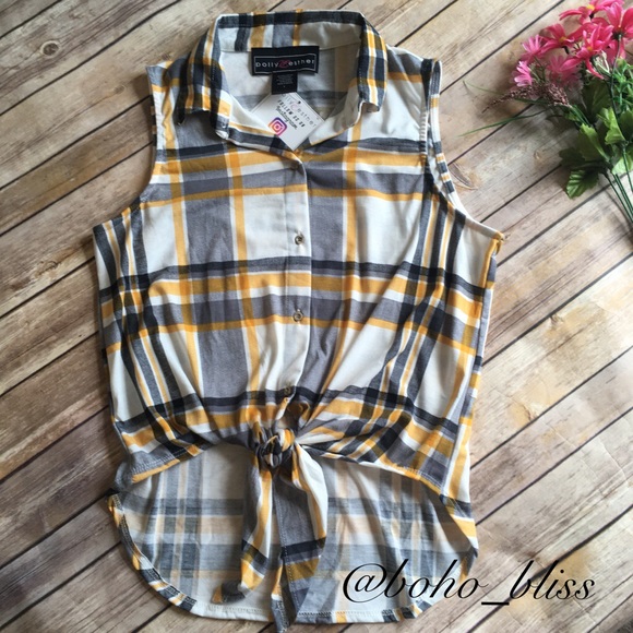 POLLY & ESTHER | Yellow Plaid Sleeveless Shirt NEW - Picture 8 of 8